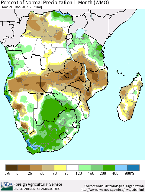 Southern Africa Percent of Normal Precipitation 1-Month (WMO) Thematic Map For 11/21/2021 - 12/20/2021