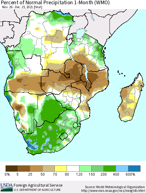 Southern Africa Percent of Normal Precipitation 1-Month (WMO) Thematic Map For 11/26/2021 - 12/25/2021