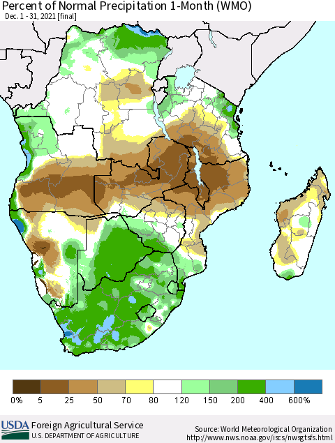 Southern Africa Percent of Normal Precipitation 1-Month (WMO) Thematic Map For 12/1/2021 - 12/31/2021