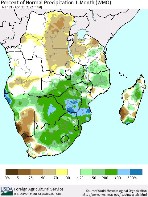 Southern Africa Percent of Normal Precipitation 1-Month (WMO) Thematic Map For 3/21/2022 - 4/20/2022