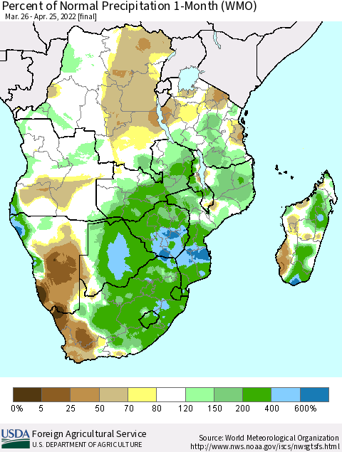 Southern Africa Percent of Normal Precipitation 1-Month (WMO) Thematic Map For 3/26/2022 - 4/25/2022