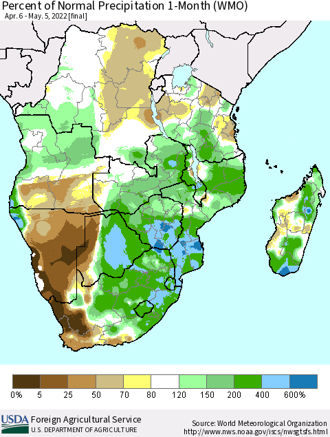 Southern Africa Percent of Normal Precipitation 1-Month (WMO) Thematic Map For 4/6/2022 - 5/5/2022