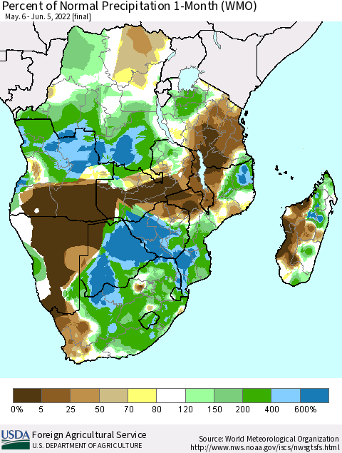 Southern Africa Percent of Normal Precipitation 1-Month (WMO) Thematic Map For 5/6/2022 - 6/5/2022