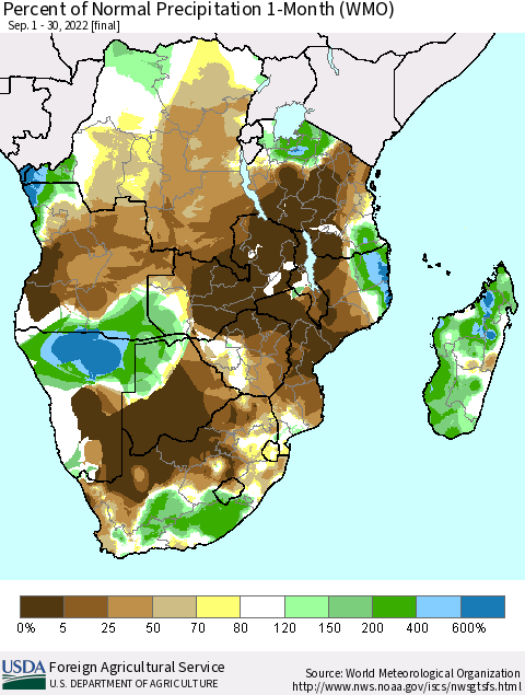 Southern Africa Percent of Normal Precipitation 1-Month (WMO) Thematic Map For 9/1/2022 - 9/30/2022