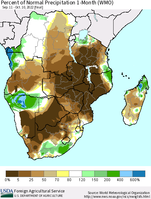 Southern Africa Percent of Normal Precipitation 1-Month (WMO) Thematic Map For 9/11/2022 - 10/10/2022