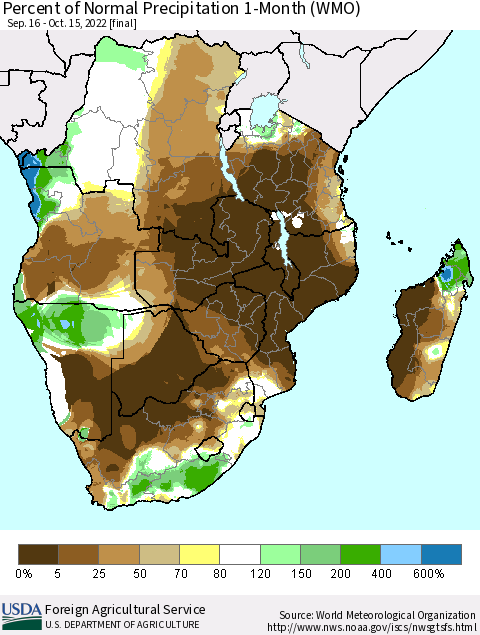 Southern Africa Percent of Normal Precipitation 1-Month (WMO) Thematic Map For 9/16/2022 - 10/15/2022