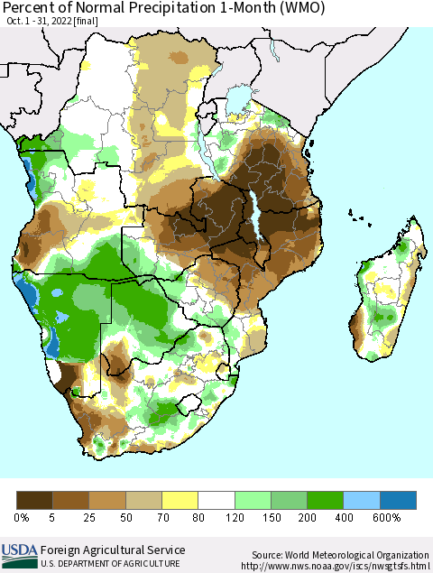 Southern Africa Percent of Normal Precipitation 1-Month (WMO) Thematic Map For 10/1/2022 - 10/31/2022