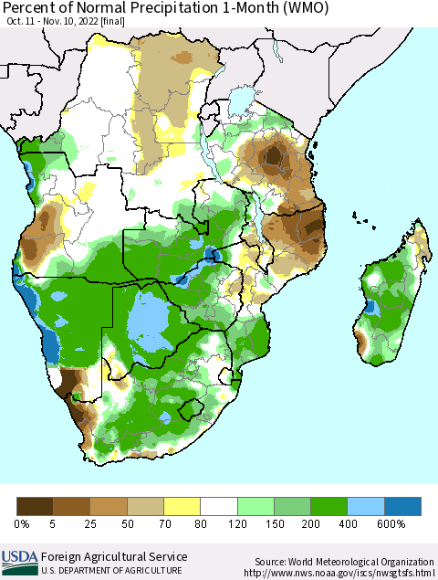 Southern Africa Percent of Normal Precipitation 1-Month (WMO) Thematic Map For 10/11/2022 - 11/10/2022
