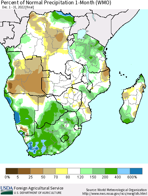 Southern Africa Percent of Normal Precipitation 1-Month (WMO) Thematic Map For 12/1/2022 - 12/31/2022