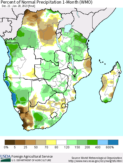 Southern Africa Percent of Normal Precipitation 1-Month (WMO) Thematic Map For 12/21/2022 - 1/20/2023