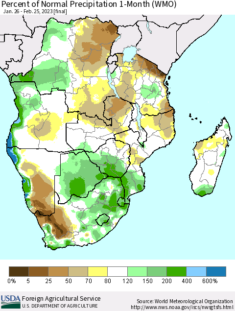 Southern Africa Percent of Normal Precipitation 1-Month (WMO) Thematic Map For 1/26/2023 - 2/25/2023