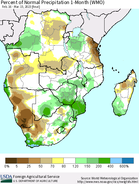 Southern Africa Percent of Normal Precipitation 1-Month (WMO) Thematic Map For 2/16/2023 - 3/15/2023