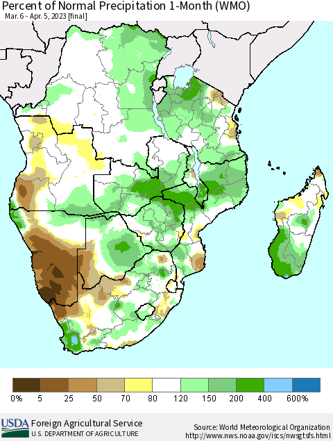 Southern Africa Percent of Normal Precipitation 1-Month (WMO) Thematic Map For 3/6/2023 - 4/5/2023