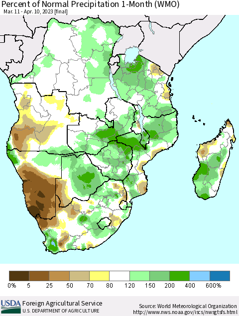 Southern Africa Percent of Normal Precipitation 1-Month (WMO) Thematic Map For 3/11/2023 - 4/10/2023