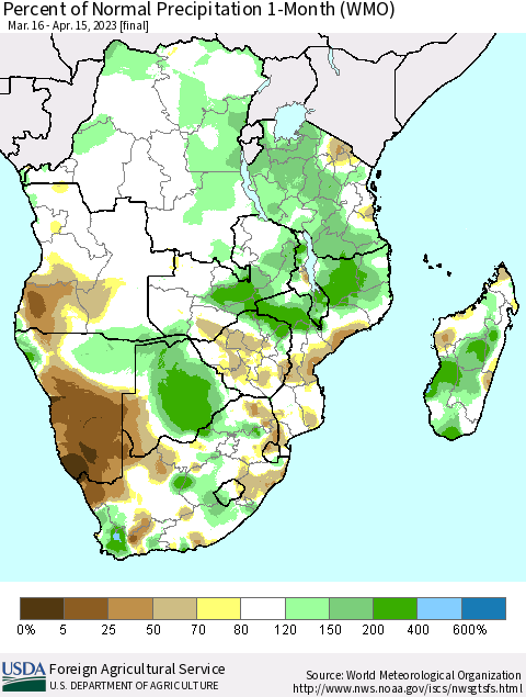 Southern Africa Percent of Normal Precipitation 1-Month (WMO) Thematic Map For 3/16/2023 - 4/15/2023