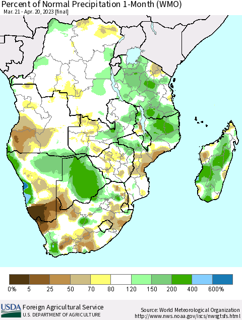 Southern Africa Percent of Normal Precipitation 1-Month (WMO) Thematic Map For 3/21/2023 - 4/20/2023