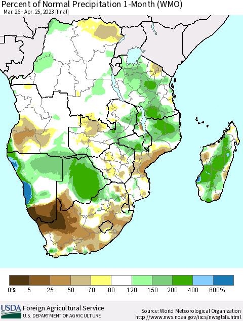 Southern Africa Percent of Normal Precipitation 1-Month (WMO) Thematic Map For 3/26/2023 - 4/25/2023