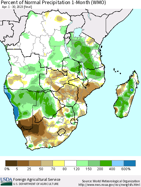 Southern Africa Percent of Normal Precipitation 1-Month (WMO) Thematic Map For 4/1/2023 - 4/30/2023