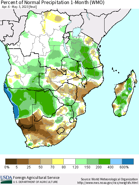 Southern Africa Percent of Normal Precipitation 1-Month (WMO) Thematic Map For 4/6/2023 - 5/5/2023