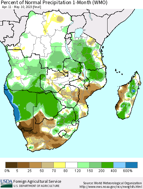 Southern Africa Percent of Normal Precipitation 1-Month (WMO) Thematic Map For 4/11/2023 - 5/10/2023