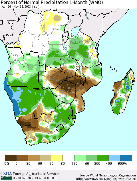 Southern Africa Percent of Normal Precipitation 1-Month (WMO) Thematic Map For 4/16/2023 - 5/15/2023