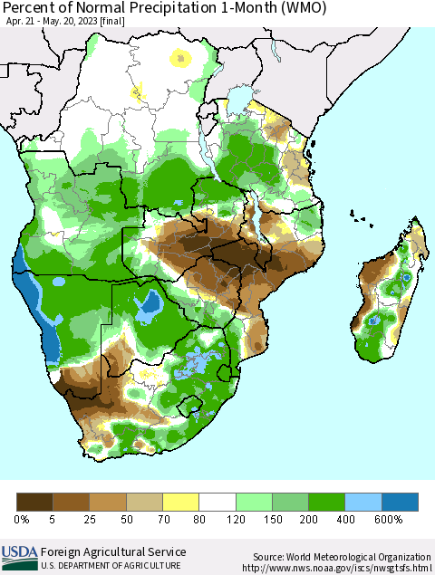Southern Africa Percent of Normal Precipitation 1-Month (WMO) Thematic Map For 4/21/2023 - 5/20/2023