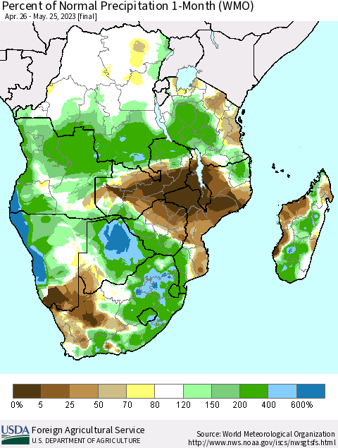 Southern Africa Percent of Normal Precipitation 1-Month (WMO) Thematic Map For 4/26/2023 - 5/25/2023