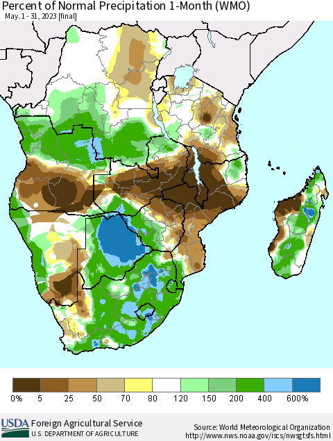 Southern Africa Percent of Normal Precipitation 1-Month (WMO) Thematic Map For 5/1/2023 - 5/31/2023