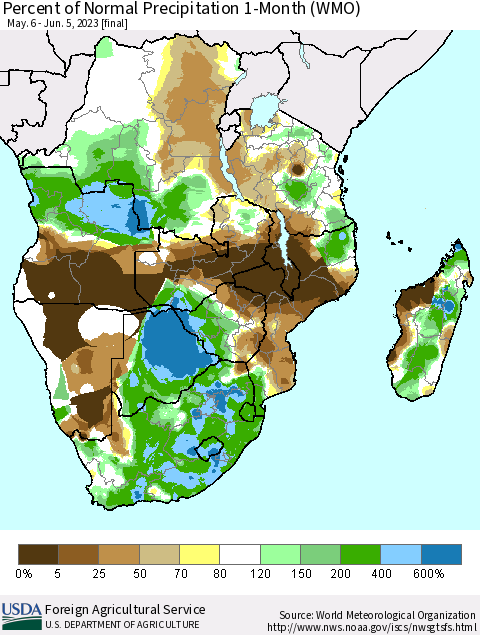 Southern Africa Percent of Normal Precipitation 1-Month (WMO) Thematic Map For 5/6/2023 - 6/5/2023
