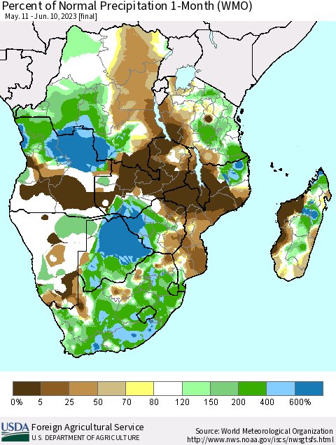 Southern Africa Percent of Normal Precipitation 1-Month (WMO) Thematic Map For 5/11/2023 - 6/10/2023