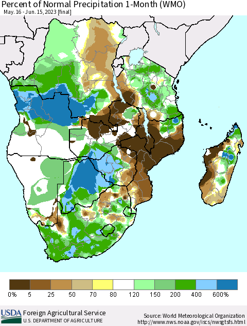 Southern Africa Percent of Normal Precipitation 1-Month (WMO) Thematic Map For 5/16/2023 - 6/15/2023