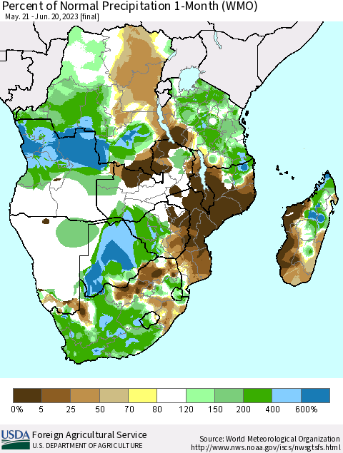 Southern Africa Percent of Normal Precipitation 1-Month (WMO) Thematic Map For 5/21/2023 - 6/20/2023