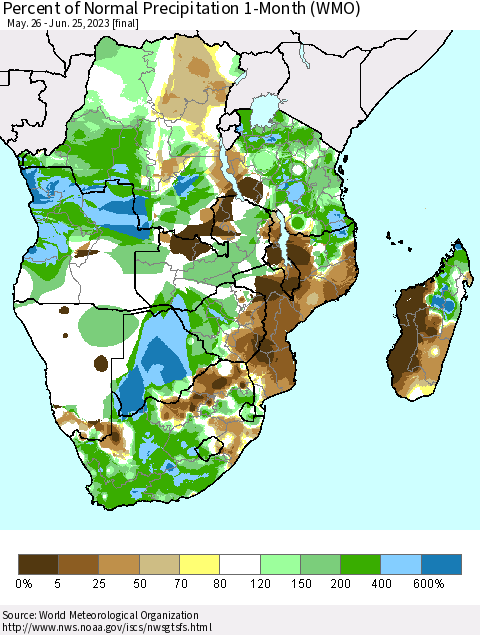 Southern Africa Percent of Normal Precipitation 1-Month (WMO) Thematic Map For 5/26/2023 - 6/25/2023