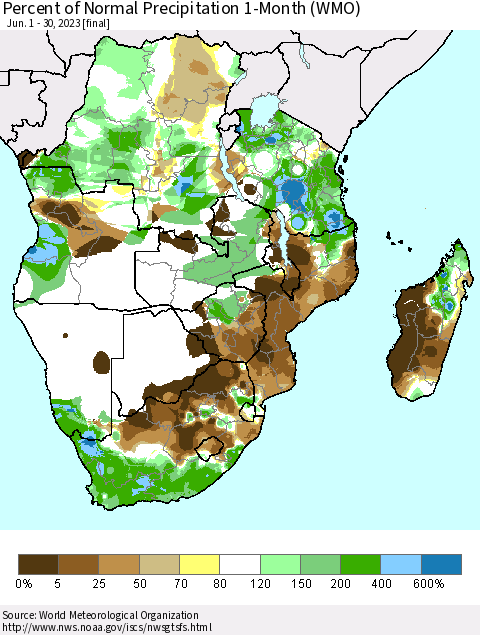 Southern Africa Percent of Normal Precipitation 1-Month (WMO) Thematic Map For 6/1/2023 - 6/30/2023
