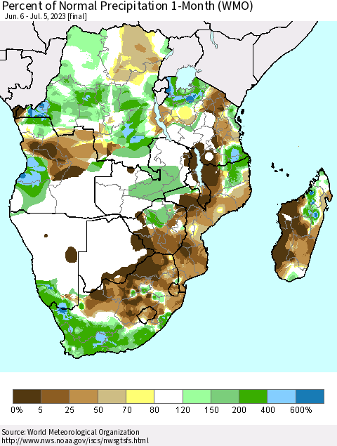 Southern Africa Percent of Normal Precipitation 1-Month (WMO) Thematic Map For 6/6/2023 - 7/5/2023