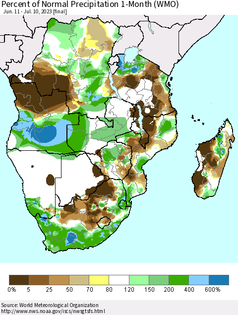 Southern Africa Percent of Normal Precipitation 1-Month (WMO) Thematic Map For 6/11/2023 - 7/10/2023
