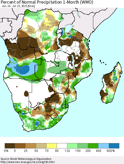 Southern Africa Percent of Normal Precipitation 1-Month (WMO) Thematic Map For 6/16/2023 - 7/15/2023