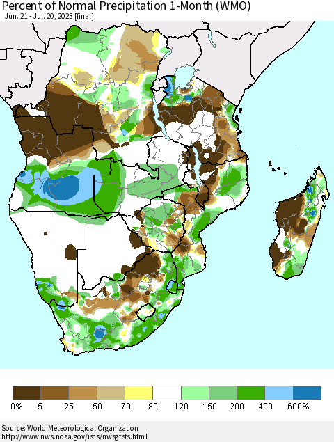 Southern Africa Percent of Normal Precipitation 1-Month (WMO) Thematic Map For 6/21/2023 - 7/20/2023