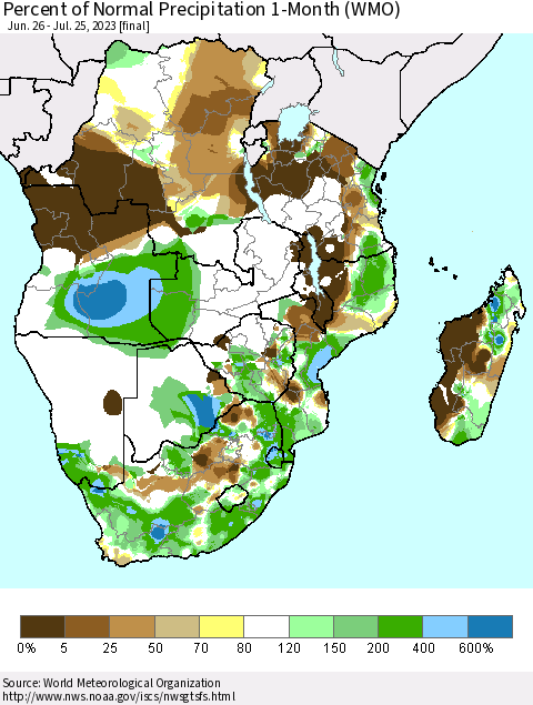 Southern Africa Percent of Normal Precipitation 1-Month (WMO) Thematic Map For 6/26/2023 - 7/25/2023