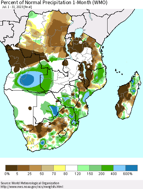 Southern Africa Percent of Normal Precipitation 1-Month (WMO) Thematic Map For 7/1/2023 - 7/31/2023