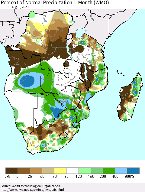 Southern Africa Percent of Normal Precipitation 1-Month (WMO) Thematic Map For 7/6/2023 - 8/5/2023