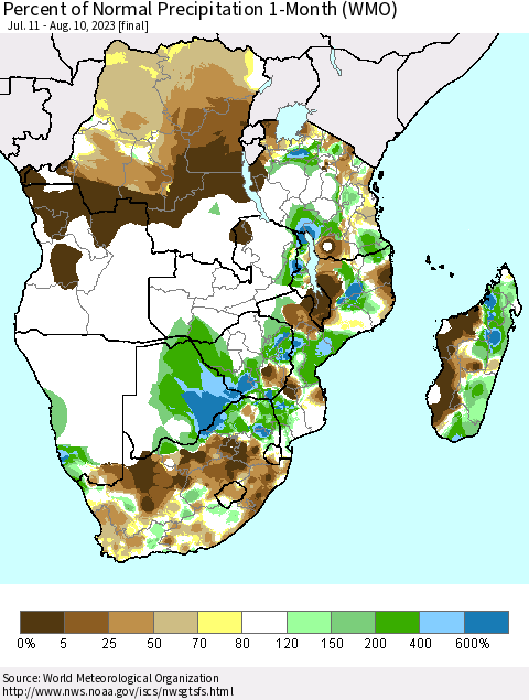 Southern Africa Percent of Normal Precipitation 1-Month (WMO) Thematic Map For 7/11/2023 - 8/10/2023