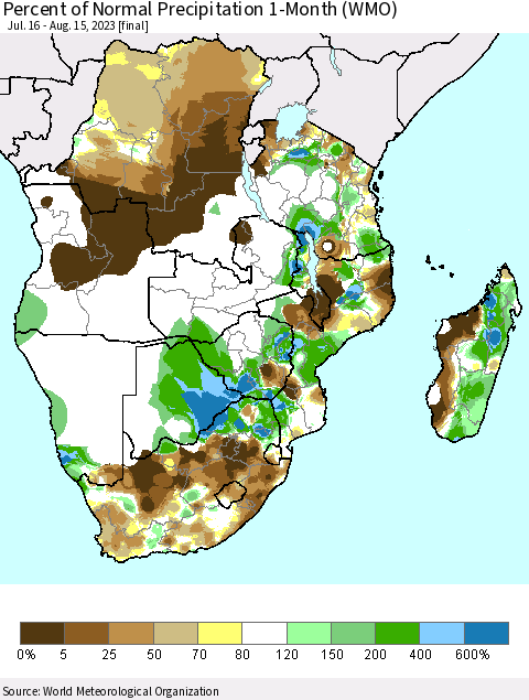 Southern Africa Percent of Normal Precipitation 1-Month (WMO) Thematic Map For 7/16/2023 - 8/15/2023
