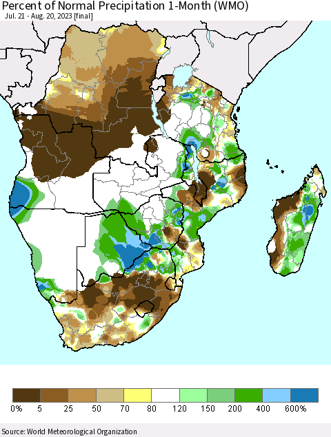 Southern Africa Percent of Normal Precipitation 1-Month (WMO) Thematic Map For 7/21/2023 - 8/20/2023