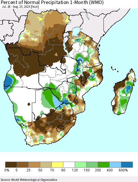 Southern Africa Percent of Normal Precipitation 1-Month (WMO) Thematic Map For 7/26/2023 - 8/25/2023