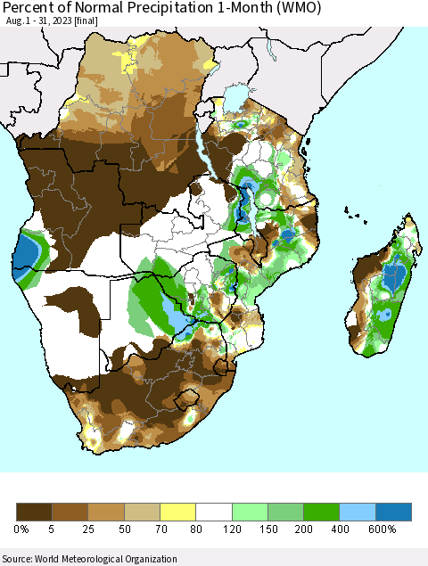 Southern Africa Percent of Normal Precipitation 1-Month (WMO) Thematic Map For 8/1/2023 - 8/31/2023