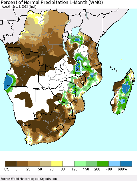 Southern Africa Percent of Normal Precipitation 1-Month (WMO) Thematic Map For 8/6/2023 - 9/5/2023