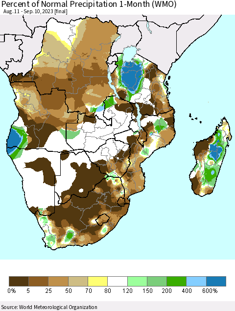Southern Africa Percent of Normal Precipitation 1-Month (WMO) Thematic Map For 8/11/2023 - 9/10/2023