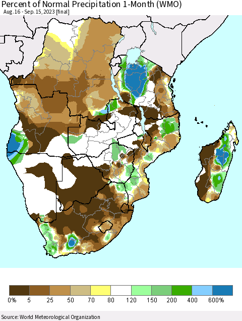 Southern Africa Percent of Normal Precipitation 1-Month (WMO) Thematic Map For 8/16/2023 - 9/15/2023