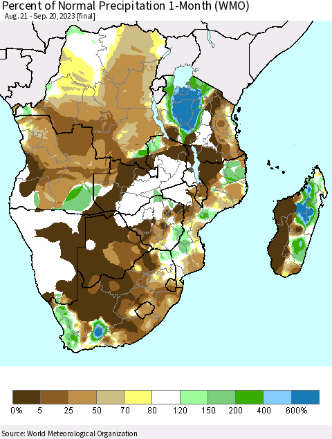 Southern Africa Percent of Normal Precipitation 1-Month (WMO) Thematic Map For 8/21/2023 - 9/20/2023
